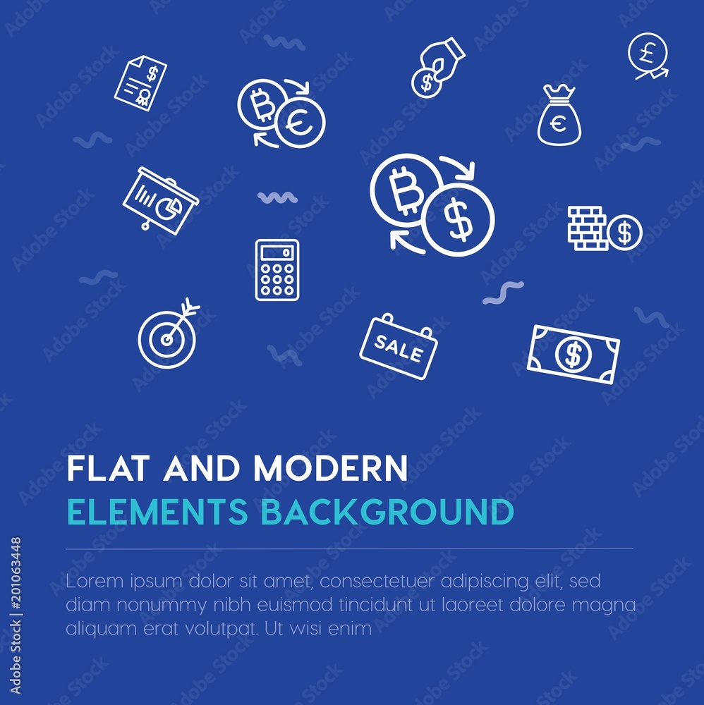 Poster business, money outline vector icons and elements background concept on blue background...multipurpo