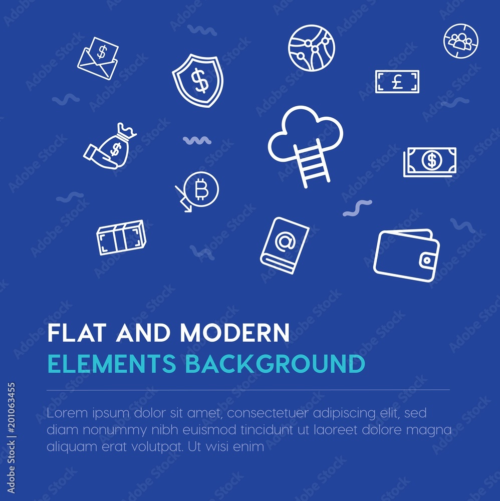 Poster business, money outline vector icons and elements background concept on blue background...multipurpo