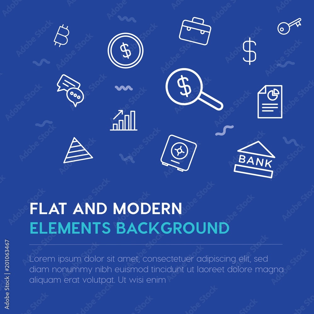 Poster business, money outline vector icons and elements background concept on blue background...multipurpo
