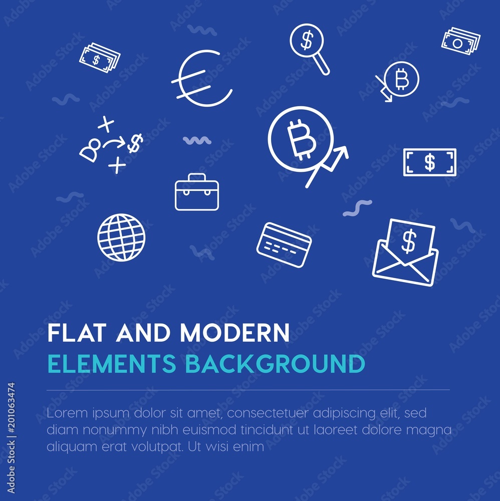Poster business, money outline vector icons and elements background concept on blue background...multipurpo