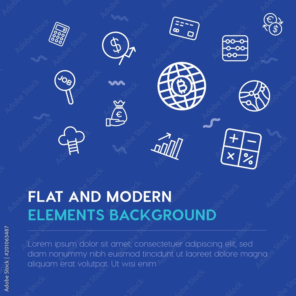 Poster business, money outline vector icons and elements background concept on blue background...multipurpo