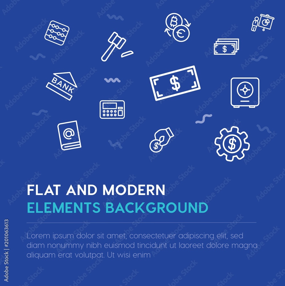 Poster business, money outline vector icons and elements background concept on blue background...multipurpo