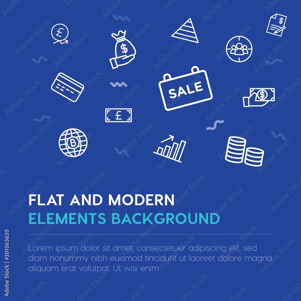 Poster business, money outline vector icons and elements background concept on blue background...multipurpo