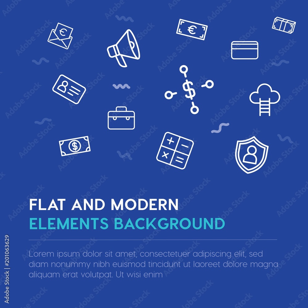 Poster business, money outline vector icons and elements background concept on blue background...multipurpo