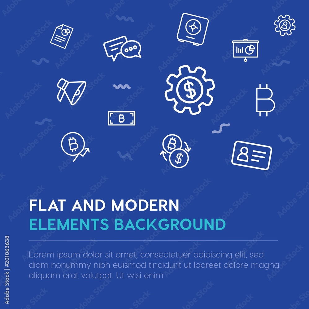 Poster business, money outline vector icons and elements background concept on blue background...multipurpo