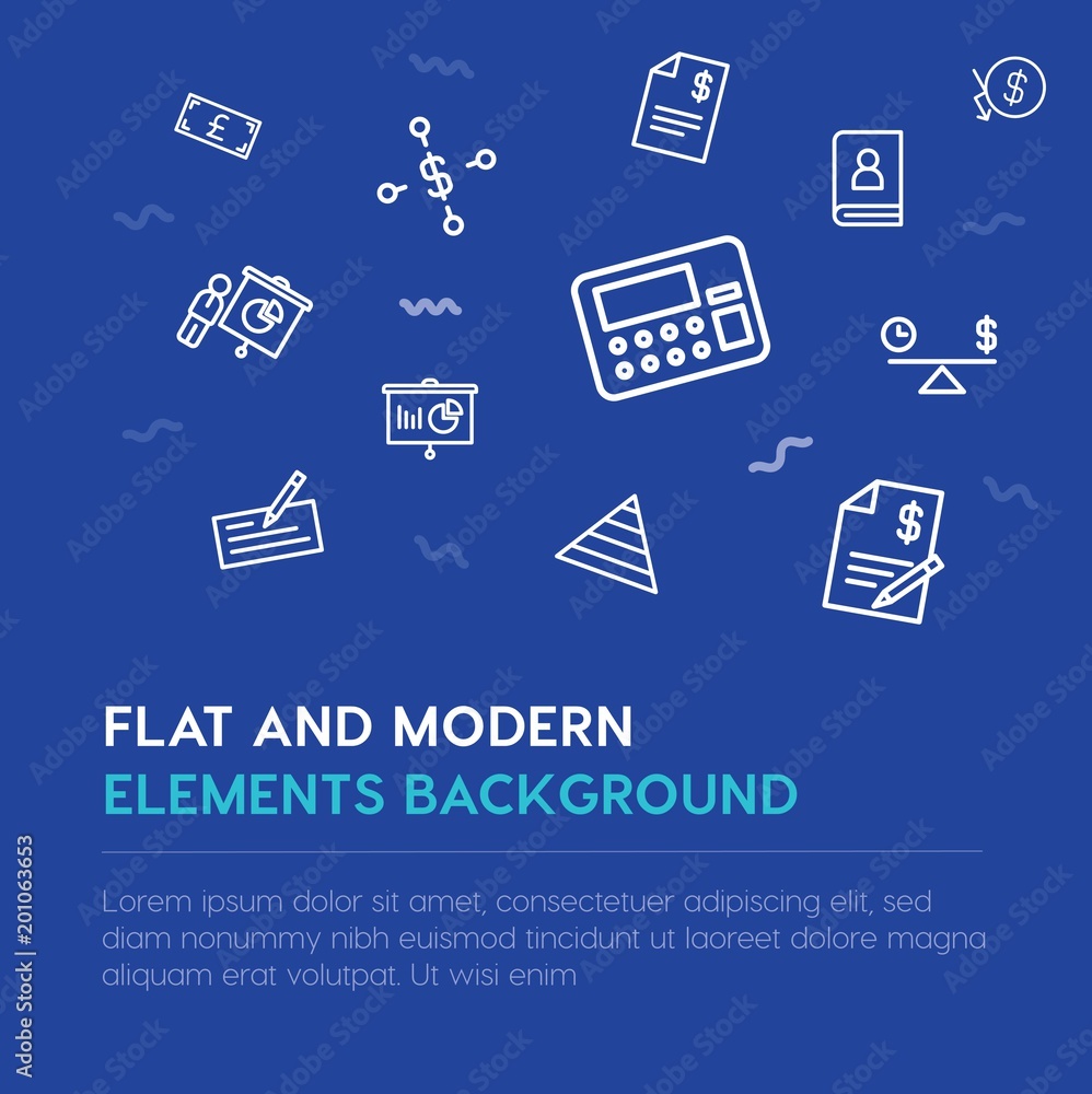 Poster business, money outline vector icons and elements background concept on blue background...multipurpo