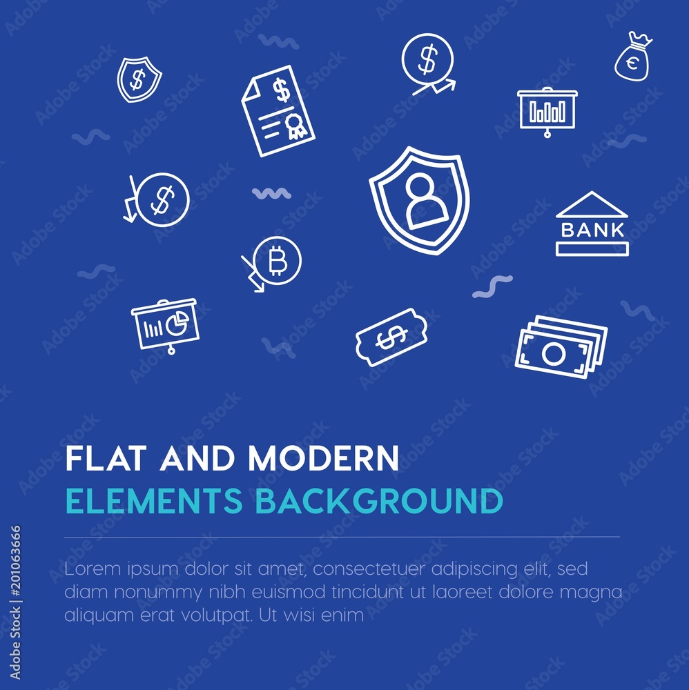 Poster business, money outline vector icons and elements background concept on blue background...multipurpo