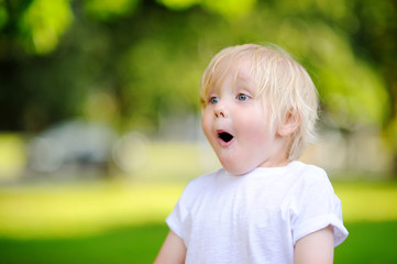 Outdoors portrait of cute emotional little boy