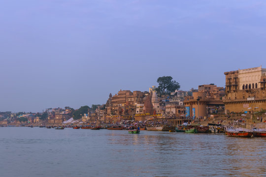 Varanasi, Uttar Pradesh, India - October 23, 2017:  Ganges river bank in morning, famous and holy place for pilgrims to take baht.
