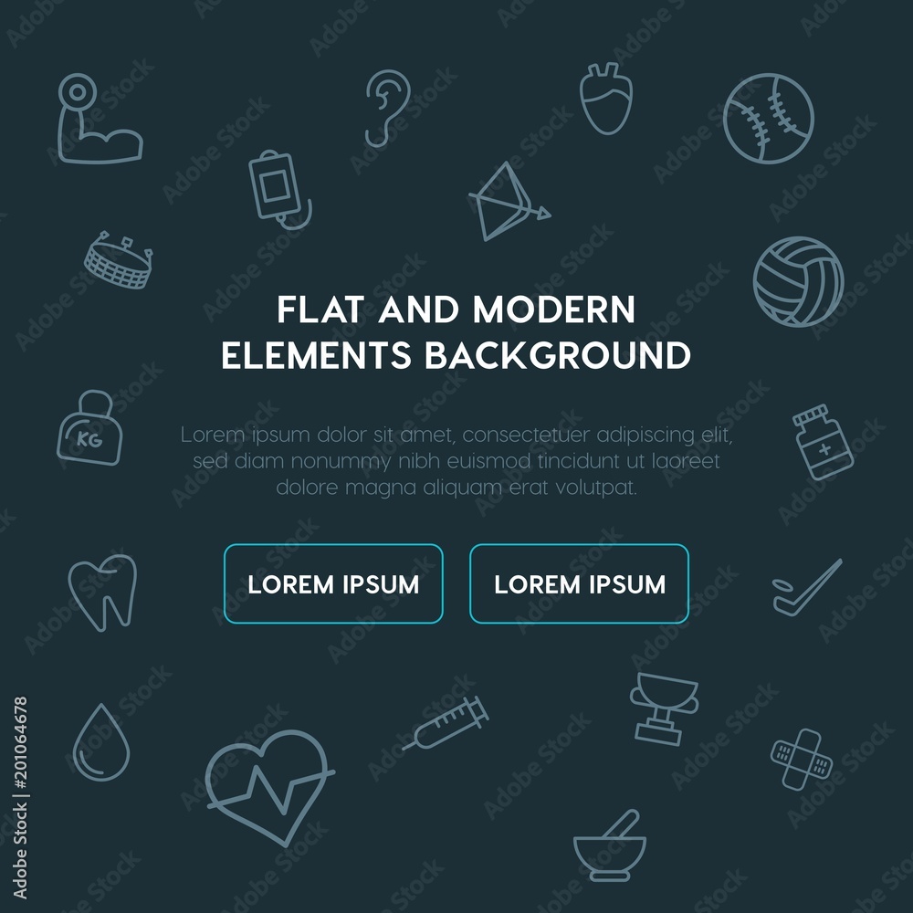Poster health, sports outline vector icons and elements background concept on dark background...multipurpos