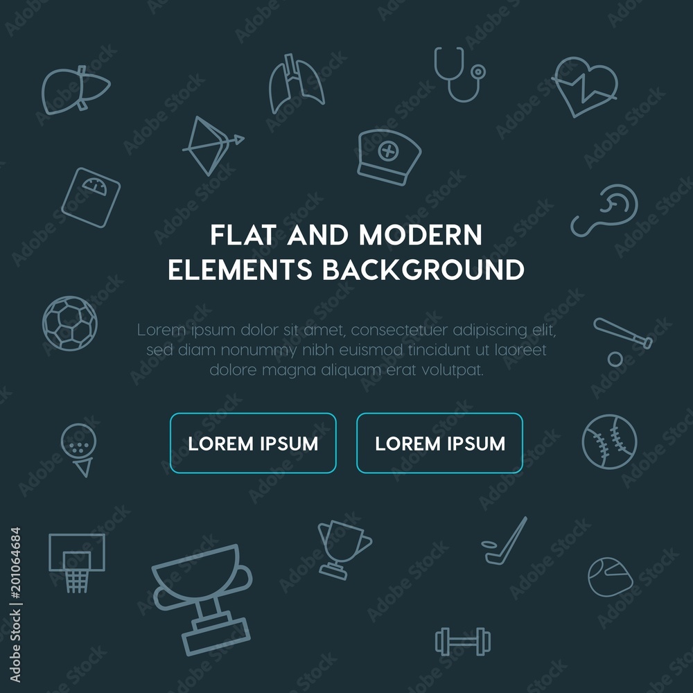 Poster health, sports outline vector icons and elements background concept on dark background...multipurpos