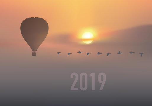 calendrier 2019 - calendrier - montgolfière - 2019 - paysage - couverture - année - mois - jour férié