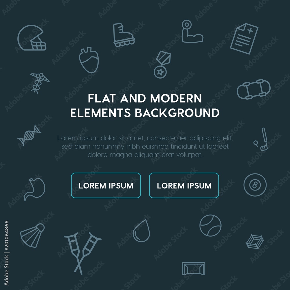 Poster health, sports outline vector icons and elements background concept on dark background...multipurpos