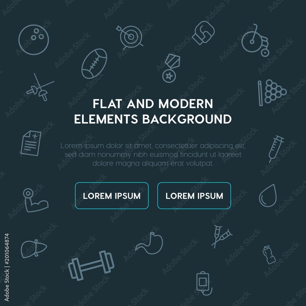 Poster health, sports outline vector icons and elements background concept on dark background...multipurpos