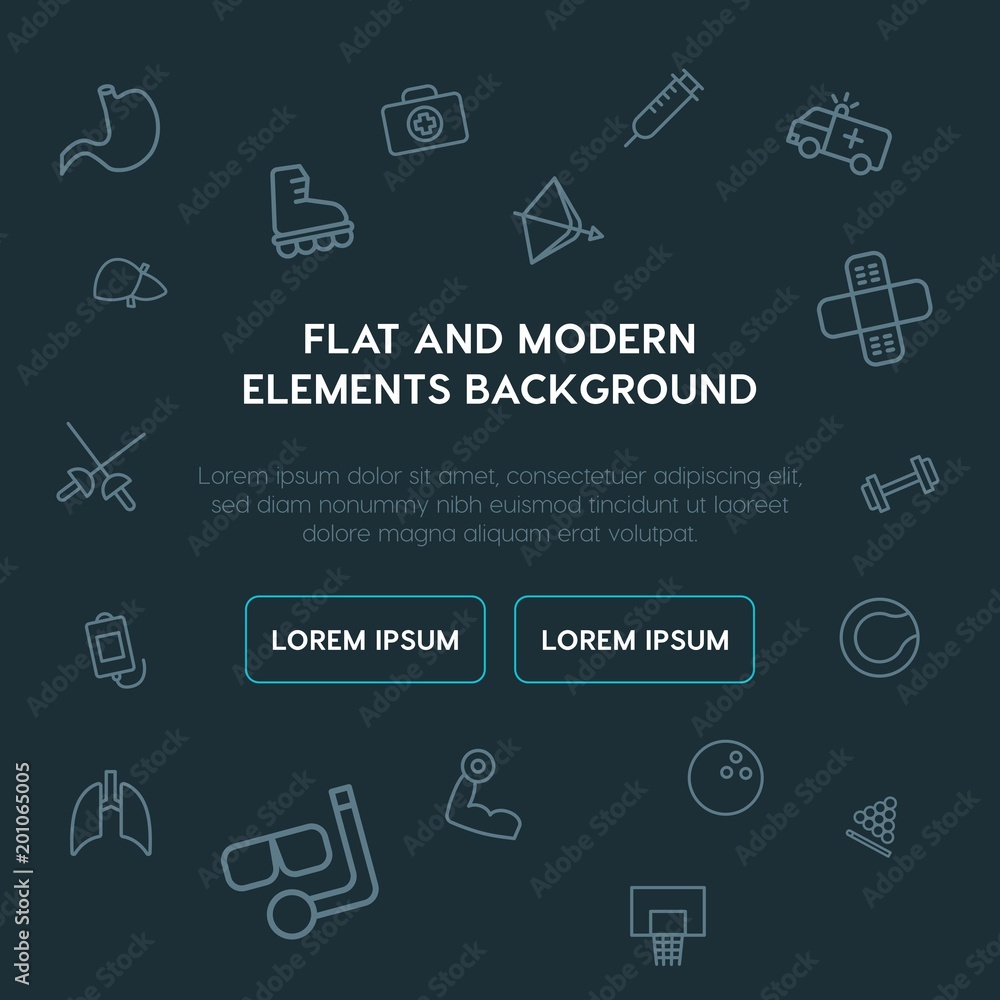 Poster health, sports outline vector icons and elements background concept on dark background...multipurpos