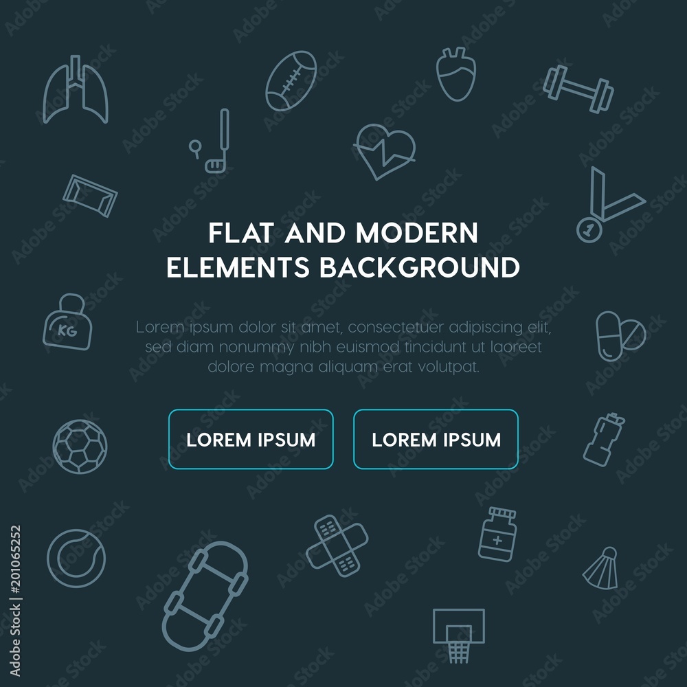 Poster health, sports outline vector icons and elements background concept on dark background...multipurpos