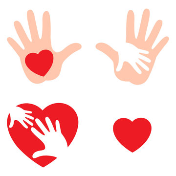 Set of hands raising love with heart, Heart on the open palm. Vector illustration isolated on white background