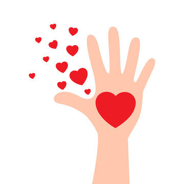 hands raising love with heart, Heart on the open palm.  Vector illustration isolated on white background