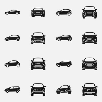 Set of various cars front and side view vector icon.