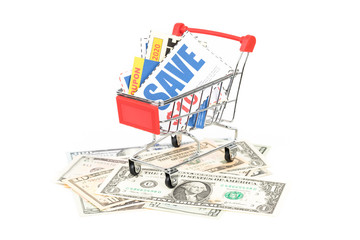 Saving discount coupon voucher in shopping cart on Dollar money banknote, coupons are mock-up