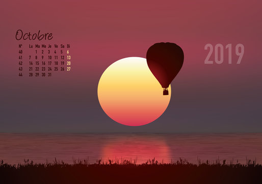 calendrier 2019 - calendrier - montgolfière - 2019 - paysage - octobre - année - mois - automne - jour férié