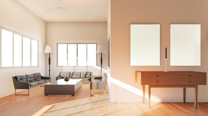 Modern living room with white wall