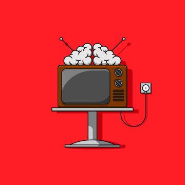 TV television mass media addiction line vector icon. Old tv with brain on it illustration.