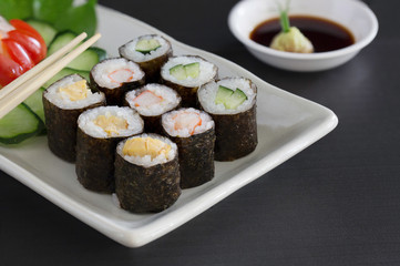 Sushi multiple stuffed Japanese food  on white dish with wasabi sauce / Selective focus..