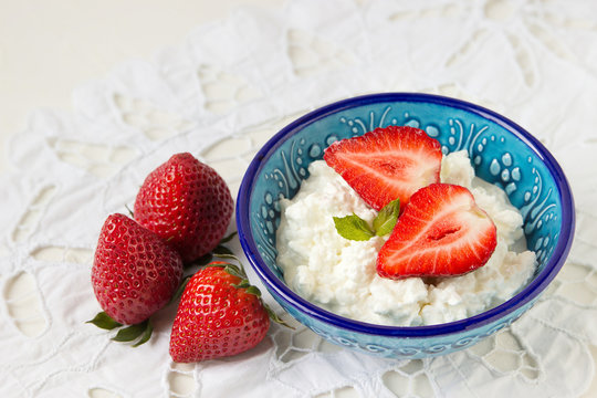 Breakfast: homemade cottage cheese with strawberries.