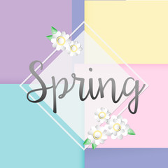 Design banner with spring logo. Card for spring season with white frame and flower on Pastel background.