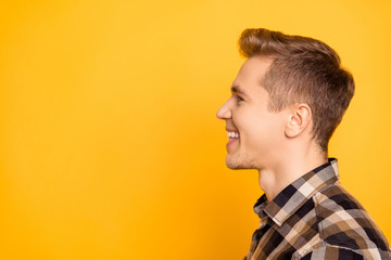 People occupation profession study college university person idea concept. Close up half-faced portrait of cheerful delightful handsome glad friendly marketer looking aside isolated vivid background