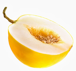 half of yellow melon with seeds isolated on white background