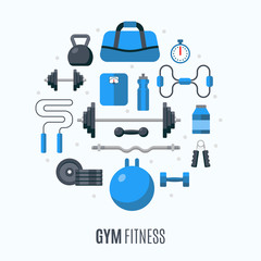 Fototapeta na wymiar Flat design icons on fitness gym exercise equipment