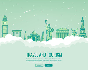 Fototapeta na wymiar Travel composition with famous world landmarks. Travel and Tourism. Concept website template. Vector