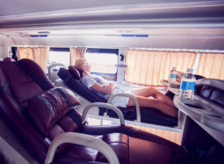 interior of sleeper bus for tourists and other passengers