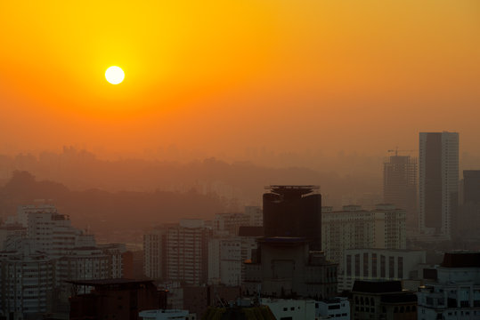 Panoramic view of Sao Paulo at sunset, Brazil, South America