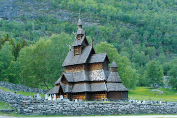 Norwegian old Stave church in Borgund in the valley