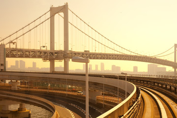 Fototapeta na wymiar Access to Rainbow Bridge from Yurikamome monorail line, Odaiba, Tokyo, Kanto Region, Honshu, Japan
