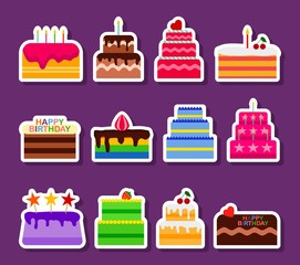 Wedding or Birthday vector pie cakes stickers icons set. Cake sweets dessert bakery in flat style. Delicious stickers on purple background. Vector illustration