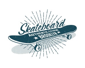 Skateboarding vintage print with classic skateboard and inscriptions. Grunge texture on separate layer.