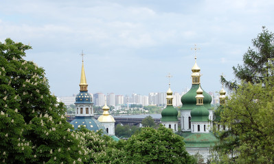 Panoramic view of the Vydubitsky Monastery and the Dnieper River in Kiev.