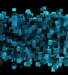 Abstract 3d rendering of chaotic cubes. Flying shapes in empty space. Futuristic background.
