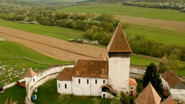 Aerial view of Hosman fortified church in Transylvania, Romania