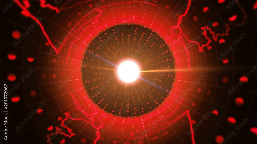 Poster a cyberspace 3d rendering of shimmering red spheres with electric lightning around flying in a narro