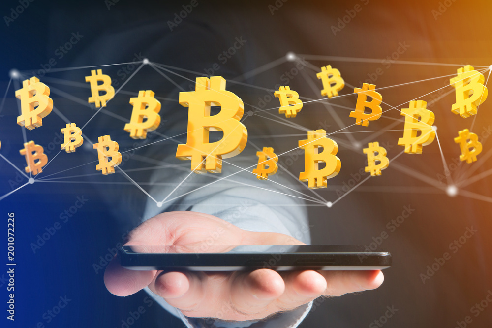 Poster bitcoin sign flying around a network connection - 3d render