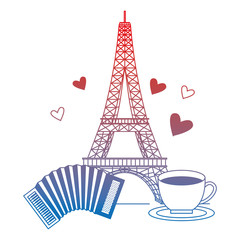 Fototapeta na wymiar eiffel tower with accordion and coffee cup vector illustration design