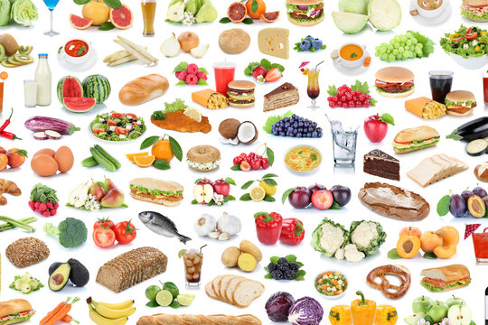 Collection Of Food And Drink Background Collage Healthy Eating Fruits Vegetables Fruit Drinks Isolated