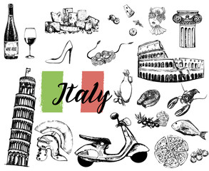 Set of hand drawn sketch style Italian themed objects isolated on white background. Vector illustration.