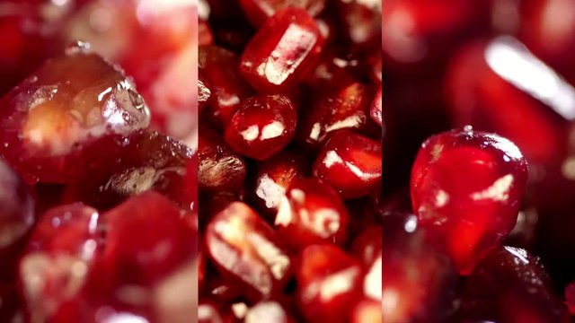 Pomegranate close up. Beautiful juicy red pomegranate. Several frames on one video. collage. Rotating fresh pomegranate seeds for food