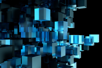 Abstract 3d rendering of chaotic cubes. Flying shapes in empty space. Dynamic background